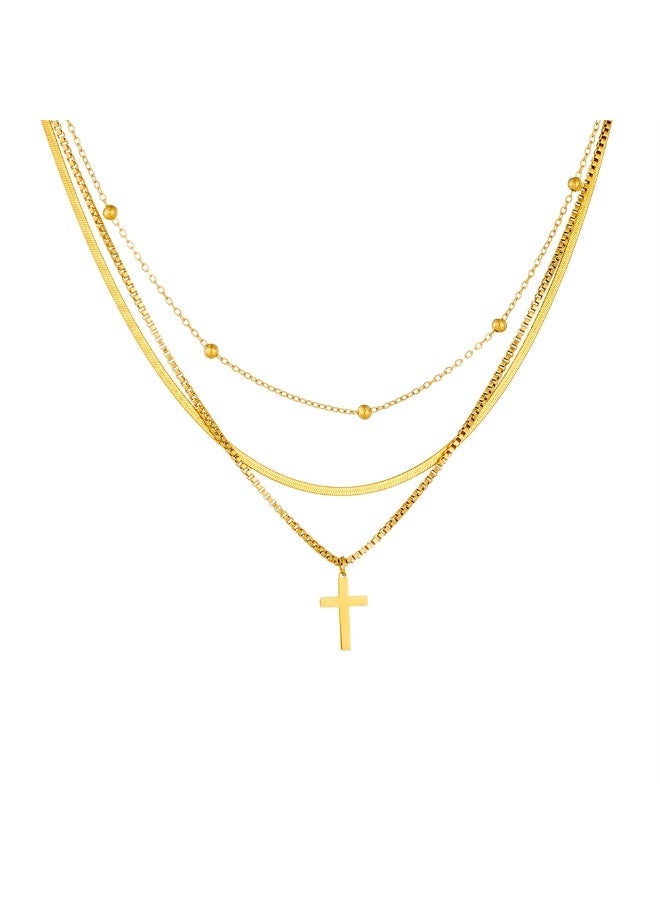 MIMOE Gender-neutral Style Stainless Steel Gold-plated Collarbone Chain, Multi Layer Stacked Cross Pendant, Simple and Fashion Neck Chain - Image 1