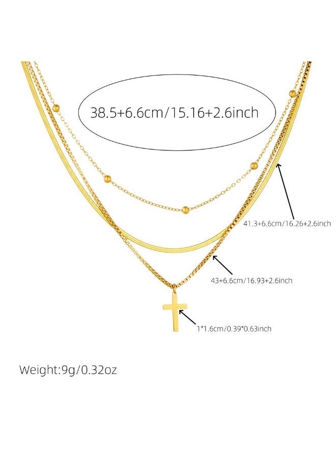 MIMOE Gender-neutral Style Stainless Steel Gold-plated Collarbone Chain, Multi Layer Stacked Cross Pendant, Simple and Fashion Neck Chain - Image 4