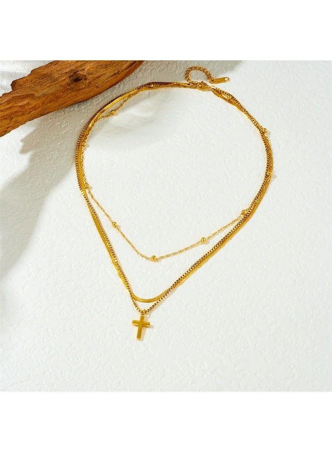 MIMOE Gender-neutral Style Stainless Steel Gold-plated Collarbone Chain, Multi Layer Stacked Cross Pendant, Simple and Fashion Neck Chain - Image 3