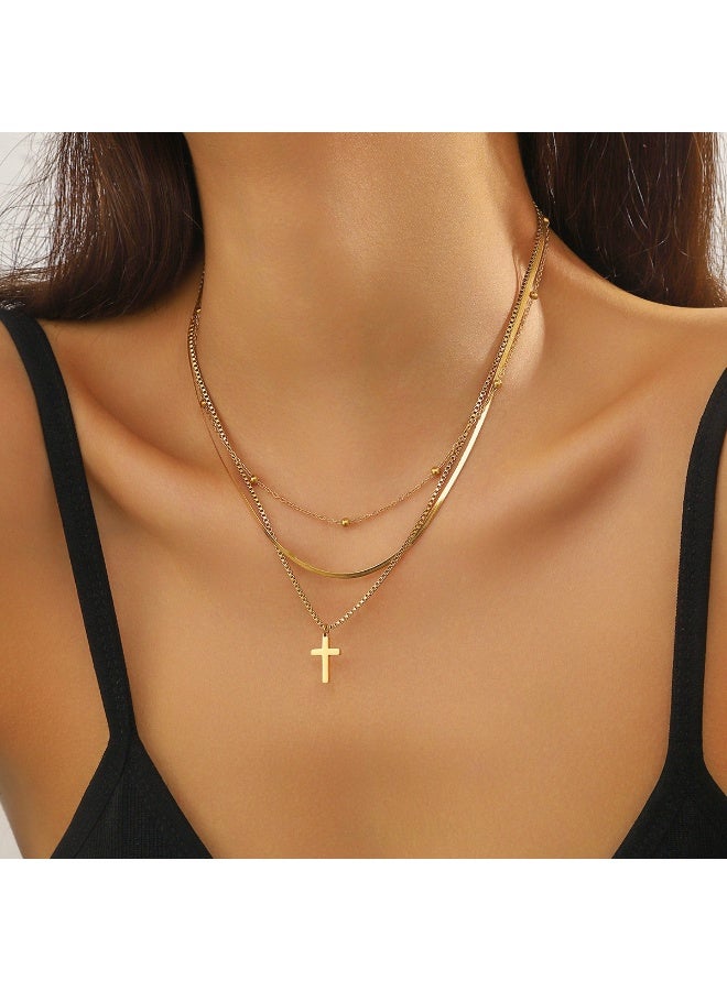MIMOE Gender-neutral Style Stainless Steel Gold-plated Collarbone Chain, Multi Layer Stacked Cross Pendant, Simple and Fashion Neck Chain - Image 2