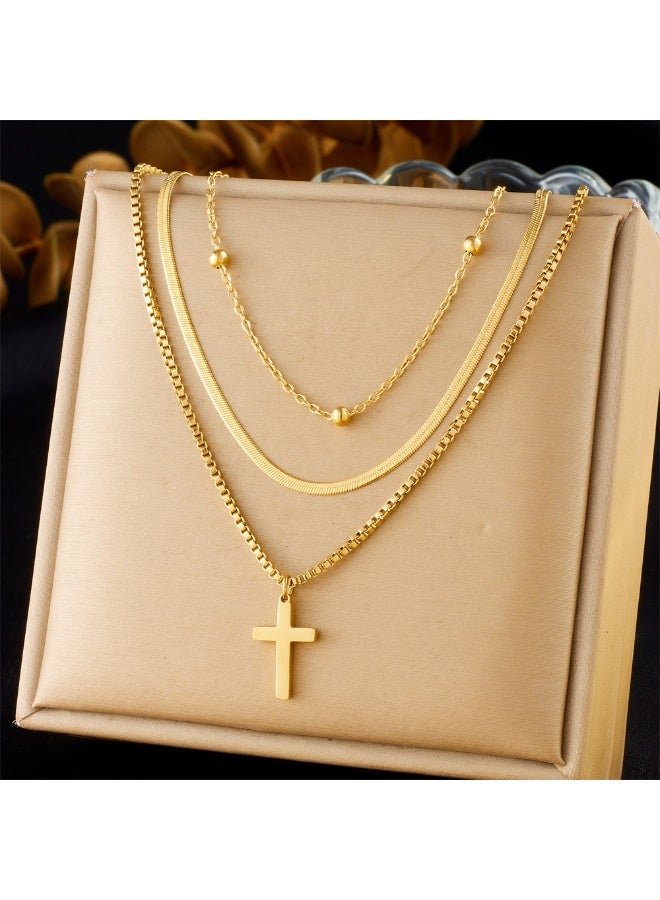 MIMOE Gender-neutral Style Stainless Steel Gold-plated Collarbone Chain, Multi Layer Stacked Cross Pendant, Simple and Fashion Neck Chain - Image 5