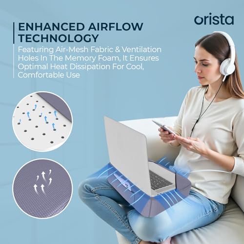 ORISTA™ Lite Lap Desk Pillow | 2 Years Warranty | Soft & Comfortable | Ideal for Laptop Reading & Gaming | Built-in Storage Pocket & Handle | Perfect for Bed, Sofa & Floor | Grayish Blue Mesh - Image 3