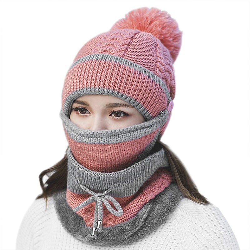 Fakeface 3 In 1 Winter Knitted Beanie Hat Scarf Mouth Mask Set for Women Girls, Warm Fleece Lined Ski Cap with Pompom Neck Warmer (Pink) - Image 2
