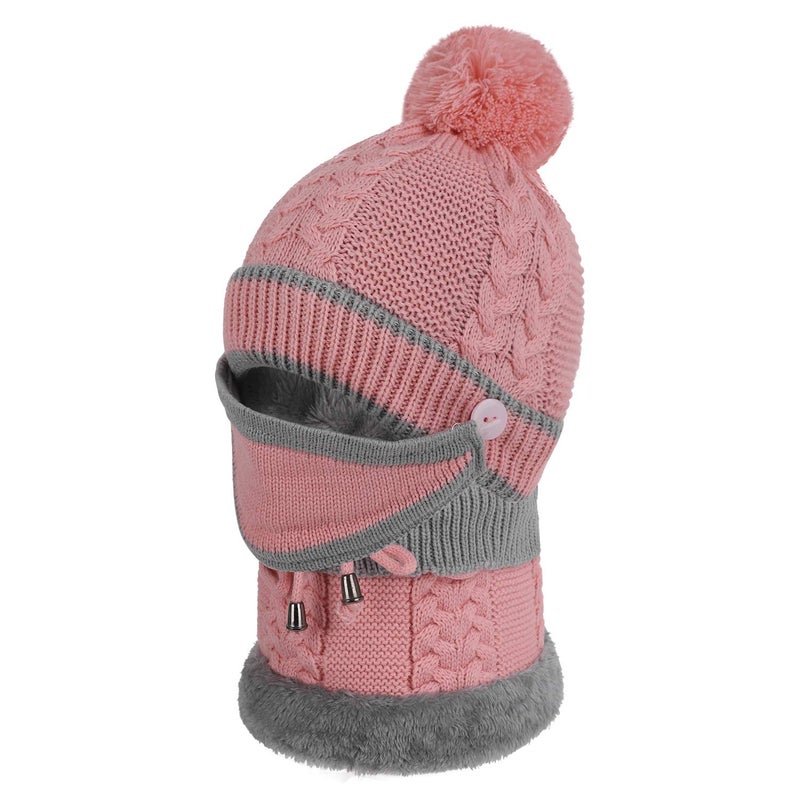 Fakeface 3 In 1 Winter Knitted Beanie Hat Scarf Mouth Mask Set for Women Girls, Warm Fleece Lined Ski Cap with Pompom Neck Warmer (Pink) - Image 4