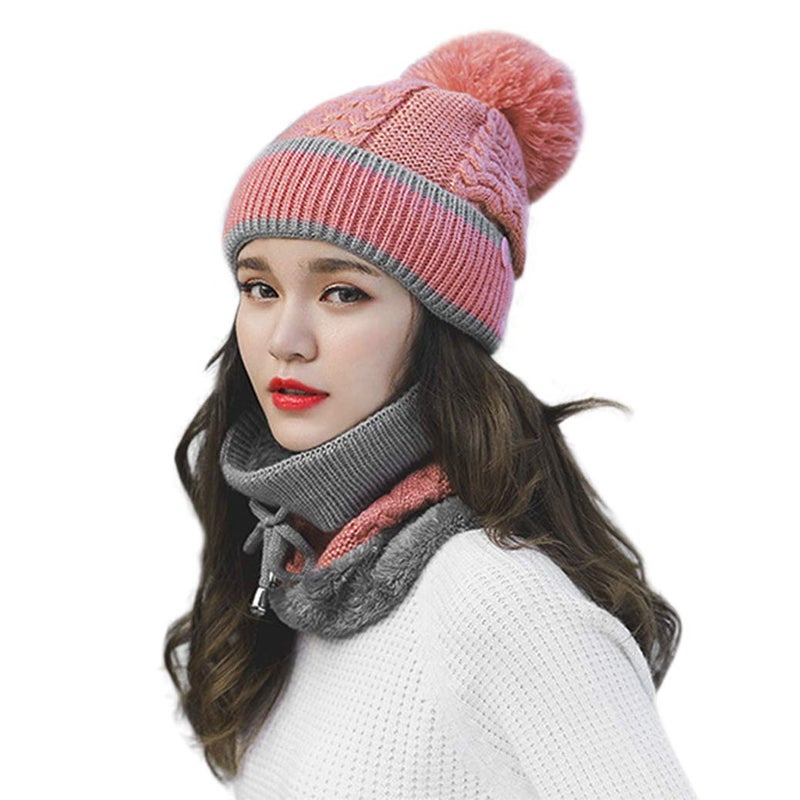 Fakeface 3 In 1 Winter Knitted Beanie Hat Scarf Mouth Mask Set for Women Girls, Warm Fleece Lined Ski Cap with Pompom Neck Warmer (Pink) - Image 3