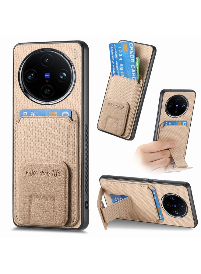 Zaboon For vivo X100 Pro 5G Carbon Fiber Card Bag Fold Stand Phone Case(Khaki)