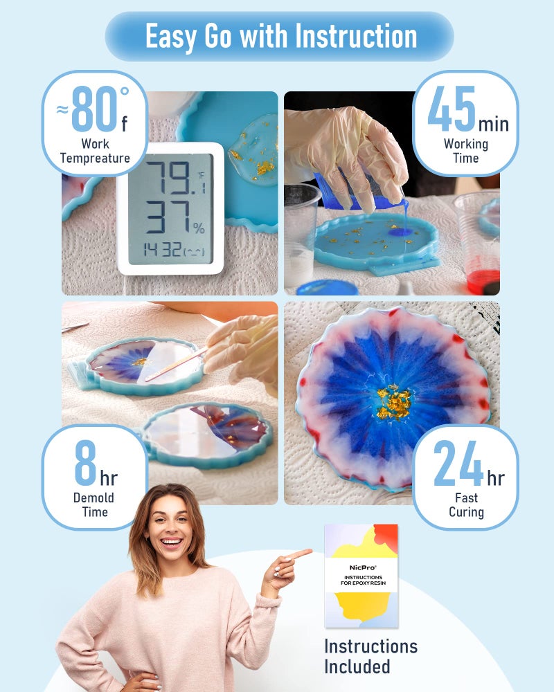 Nicpro مجموعة راتنج الإيبوكسي الكريستالي الواضح 1 جالون من نيكبرو، لا يتحول إلى اللون الأصفر وخالي من الفقاعات، راتنج آمن للطعام للتغطية والصب، الحرف اليدوية، صنع المجوهرات، الفنون، القوالب، أسطح الطاولات، الخشب - Image 5