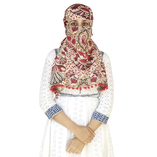 Switchon Scarf Hijab Mask Rayon Printed Fancy Scarf For Women Size Adjustable -Hook Loop Tape (Multicolor_Red), For Female - Image 1