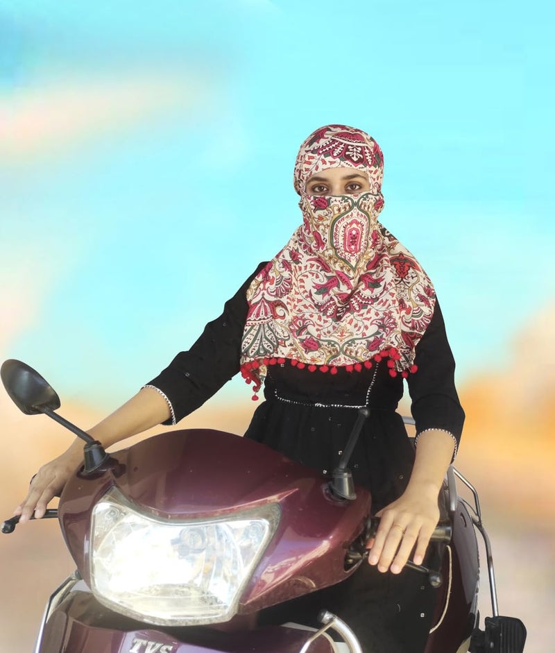 Switchon Scarf Hijab Mask Rayon Printed Fancy Scarf For Women Size Adjustable -Hook Loop Tape (Multicolor_Red), For Female - Image 4