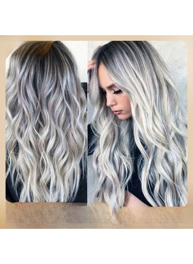 باروكة تجارة خارجية للشعر الطويل المجعد للنساء بلون متدرج من الأسود إلى الرمادي، شعر طويل بلون T، أزياء أوروبية وأمريكية، غطاء رأس من الألياف الكيميائية، متوفر بلون أسود.