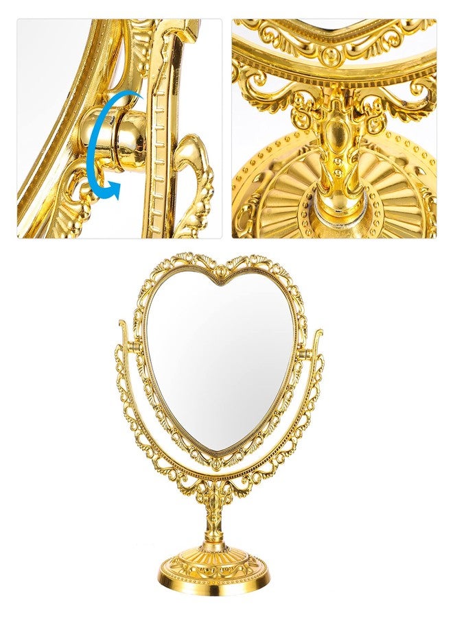 Lurrose Desktop Cute Stuff Makeup Mirror Retro Heart Shape Tabletop Vanity Cosmetic Mirror Rotating Standing Cosmetic Mirror for Dresser Vanity Desktop Mirrors Bedroom (Golden) - Image 2