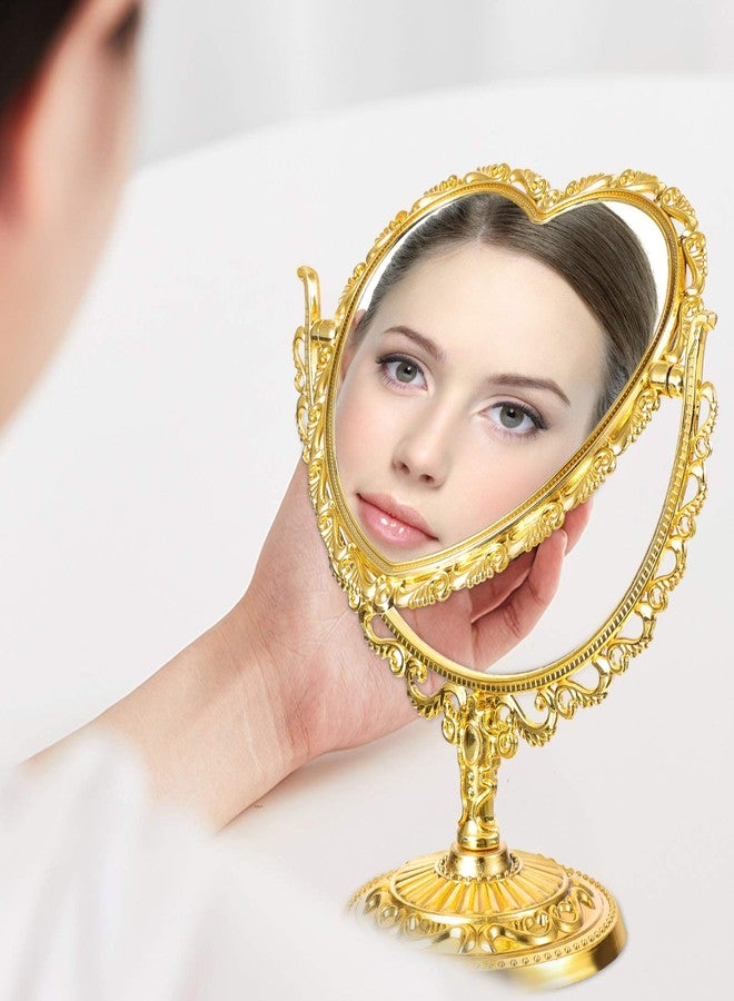 Lurrose Desktop Cute Stuff Makeup Mirror Retro Heart Shape Tabletop Vanity Cosmetic Mirror Rotating Standing Cosmetic Mirror for Dresser Vanity Desktop Mirrors Bedroom (Golden) - Image 4