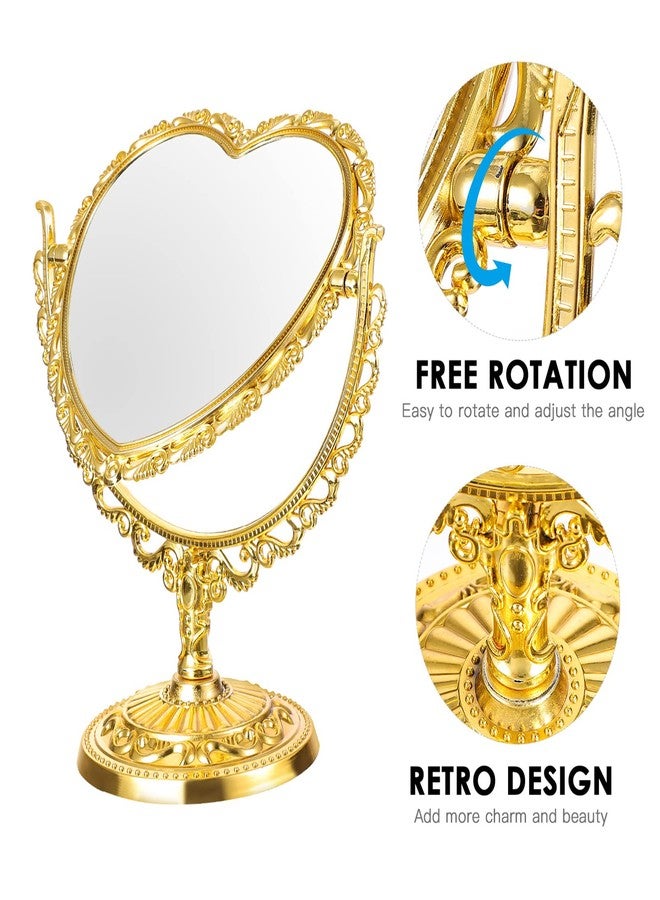 Lurrose Desktop Cute Stuff Makeup Mirror Retro Heart Shape Tabletop Vanity Cosmetic Mirror Rotating Standing Cosmetic Mirror for Dresser Vanity Desktop Mirrors Bedroom (Golden) - Image 3