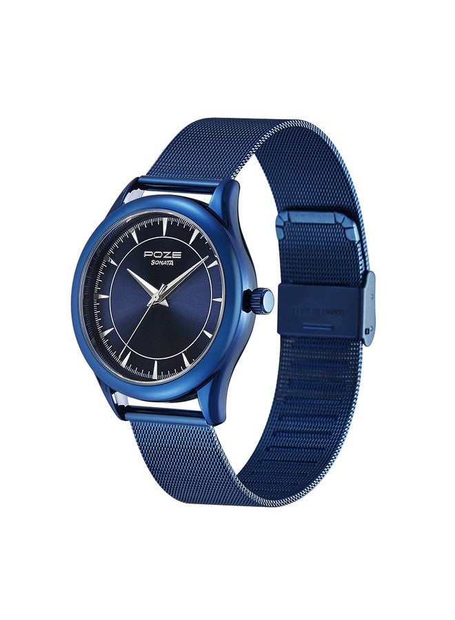 سوناتا ساعة سوناتا بوز كوارتز أنالوج بمينا زرقاء وسوار من الفولاذ المقاوم للصدأ للرجال - SP70020QM01W - Image 2
