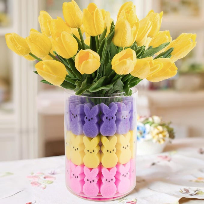 EASTER DECORATIONS EASTER PEEPS DECOR 15 ARTIFICIAL TULIPS WITH 45 BUNNIES VASE FILLER SET SPRING HOME INDOOR DECORATION CENTERPIECES FOR TABLES