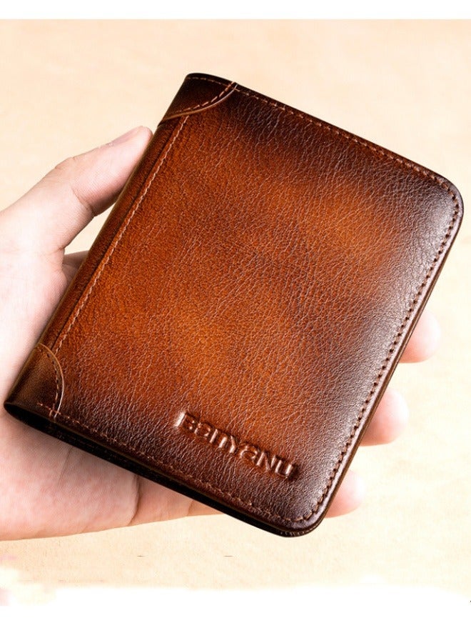 banyanu Portable Business Wallet Men's Genuine Leather Anti-theft Brush Ultra-Thin Multi-Card Slot Short Wallets for Men Vintage Multi Function ID Credit Card Holder Money Bag Cash Clip (Brown) - Image 1