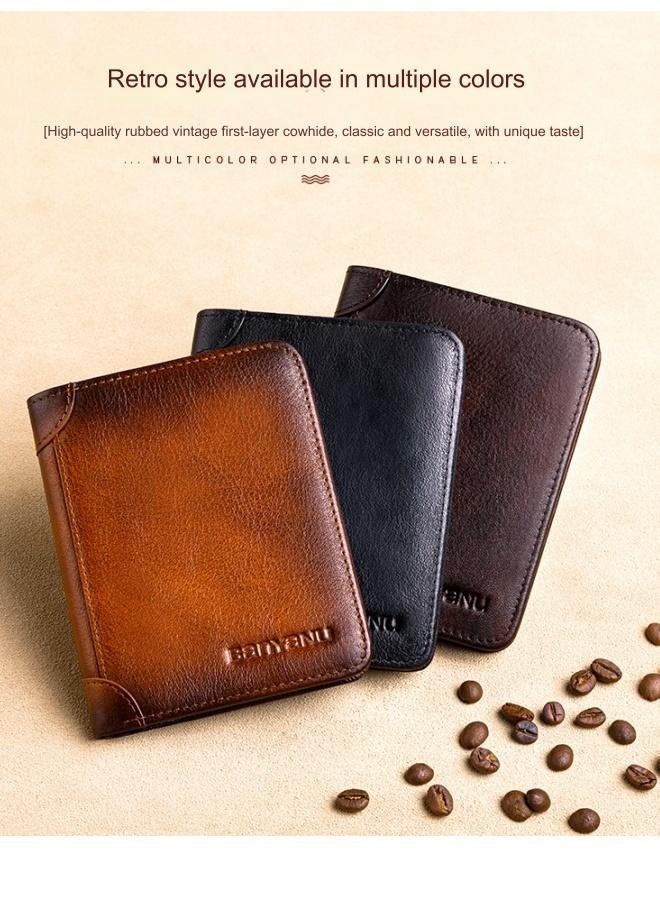 banyanu Portable Business Wallet Men's Genuine Leather Anti-theft Brush Ultra-Thin Multi-Card Slot Short Wallets for Men Vintage Multi Function ID Credit Card Holder Money Bag Cash Clip (Brown) - Image 4