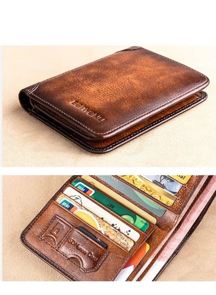 banyanu Portable Business Wallet Men's Genuine Leather Anti-theft Brush Ultra-Thin Multi-Card Slot Short Wallets for Men Vintage Multi Function ID Credit Card Holder Money Bag Cash Clip (Brown) - Image 5