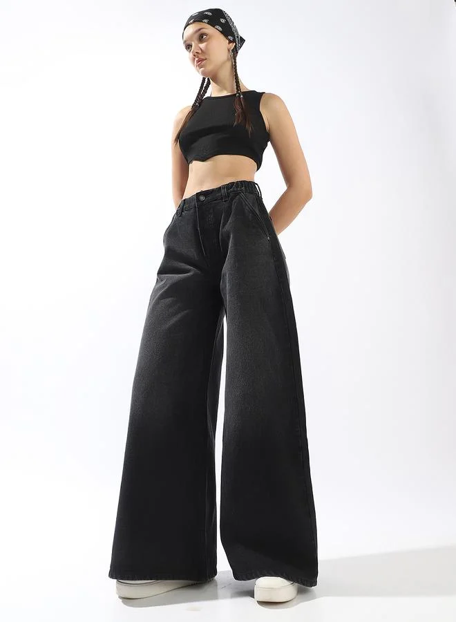 HIGH STAR Women's Black 100% Cotton Textured Full Wide Leg Jeans