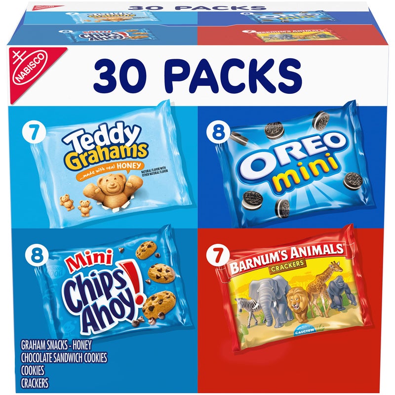 Nabisco Team Favorites Variety Pack, OREO Mini, CHIPS AHOY! Mini, Teddy Grahams Honey & Barnum's Animal Crackers, Christmas Stocking Stuffers, 30 Snack Packs - Image 1