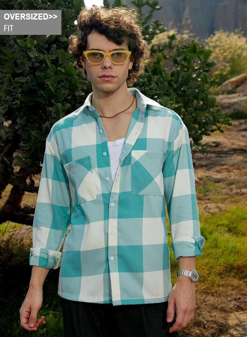 Campus Sutra Campus Sutra Men's Mint Green Buffalo Utility Shacket For Casual Wear | Spread Collar | Long Cuffed Sleeves | Button Closure | Overshirt/Shacket Crafted With Comfort Fit For Everyday Wear