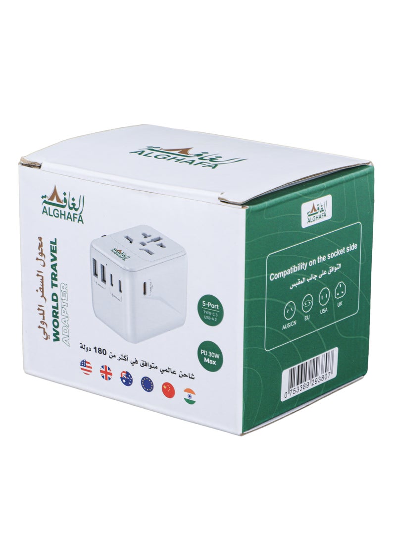 ALGHAFA Adapter Worldwide 30 W, Universal Travel Adapter, Universal Socket Adapter with 2 USB and 3 Type-C Ports, Travel Plug for Germany, England, USA, Australia and Over 180 Countries, From AL GHAFA  - Image 4