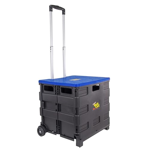dbest products dbest products Quik Cart Collapsible Rolling Crate on Wheels for Teachers Tote Basket 80 lbs Capacity Blue Lid Made from Heavy Duty Plastic and used as a Seat 