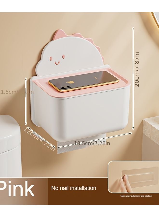 حامل علب المناديل ديناصور كرتوني وردي مثبت على الحائط بدون حفر للحمام والمطبخ - Image 1