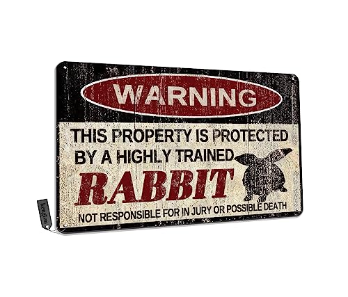 kengtou Rabbit Tin Sign, Funny Metal Sign, Vintage Wall Decor 12x8 Inch - Warning This Property Protected by Rabbit - Image 1