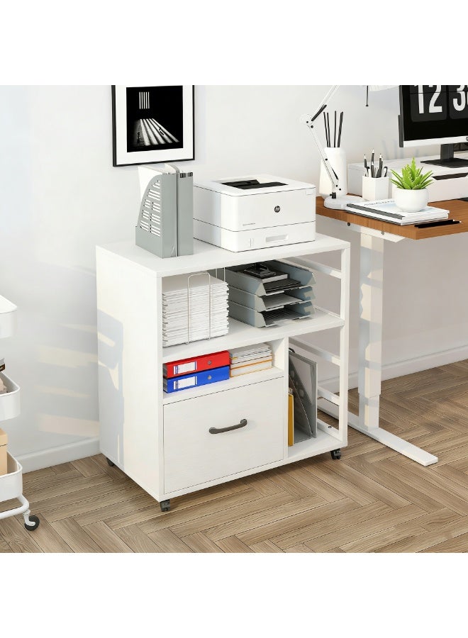 خزانة ملفات متحركة بعجلات، درج واحد ورفوف مفتوحة، خزانة ملفات متحركة، حامل طابعة مع مساحة تخزين، منظم ملفات تحت المكتب للمكتب المنزلي، أبيض، WJG005 - Image 2