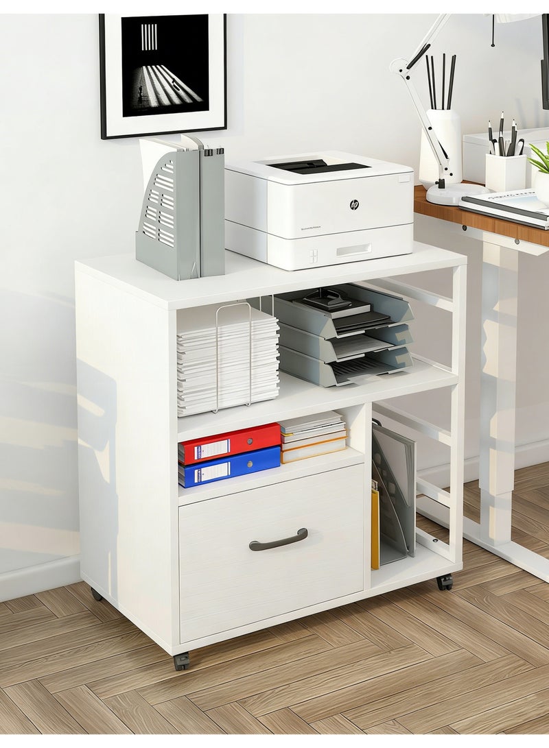 خزانة ملفات متحركة بعجلات، درج واحد ورفوف مفتوحة، خزانة ملفات متحركة، حامل طابعة مع مساحة تخزين، منظم ملفات تحت المكتب للمكتب المنزلي، أبيض، WJG005 - Image 1