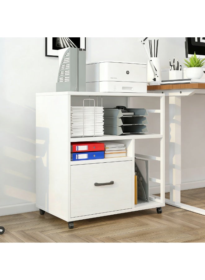 خزانة ملفات متحركة بعجلات، درج واحد ورفوف مفتوحة، خزانة ملفات متحركة، حامل طابعة مع مساحة تخزين، منظم ملفات تحت المكتب للمكتب المنزلي، أبيض، WJG005 - Image 5