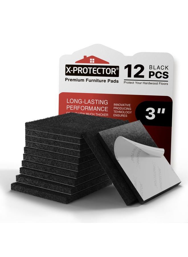 X-PROTECTOR Felt Furniture Pads - 12 PCS 3" - Felt Pads Floor Protectors - Chair Felt Pads - Felt Pads for Furniture Feet - Furniture Pads for Hardwood Floors - Protect Your Floors! (Black, Square) - Image 1