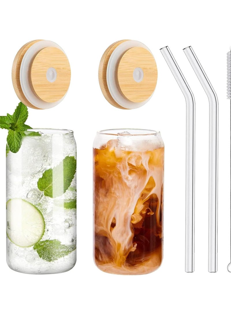 2Pcs Drinking Glass with Bamboo Lid and Glass Straw,16oz Beer Can Shaped Glasses Cups,Tumbler Cup Smoothie,Tea,Soda,Iced Coffee  - Image 1