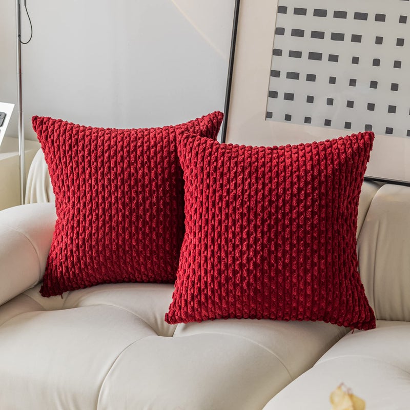 K KEVIN TEXTILE Kevin Textile Pillow Covers Cushion Cases Christmas Throw Pillow Cover Stripe Pattern Decorative Soft Corduroy Cushion Covers Stripes for Living Room Set of 2 18x18 Inch Burgundy  - Image 1