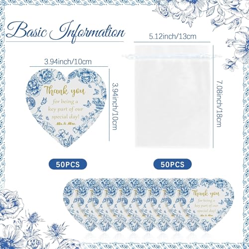 Stuffygreenus 50 Set Wedding Favors for Guests Cork Coasters Bulk Blue and White Floral Thank You for Celebrating with Us Party Decorations Heart Wood Coaster Rustic Wedding Gifts for Bridal Shower Party Favors - Image 2