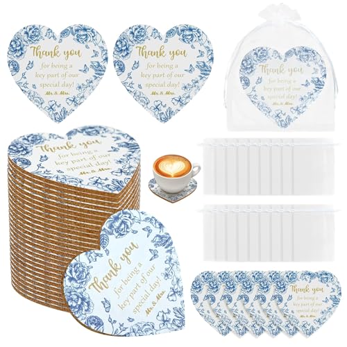 Stuffygreenus 50 Set Wedding Favors for Guests Cork Coasters Bulk Blue and White Floral Thank You for Celebrating with Us Party Decorations Heart Wood Coaster Rustic Wedding Gifts for Bridal Shower Party Favors - Image 1