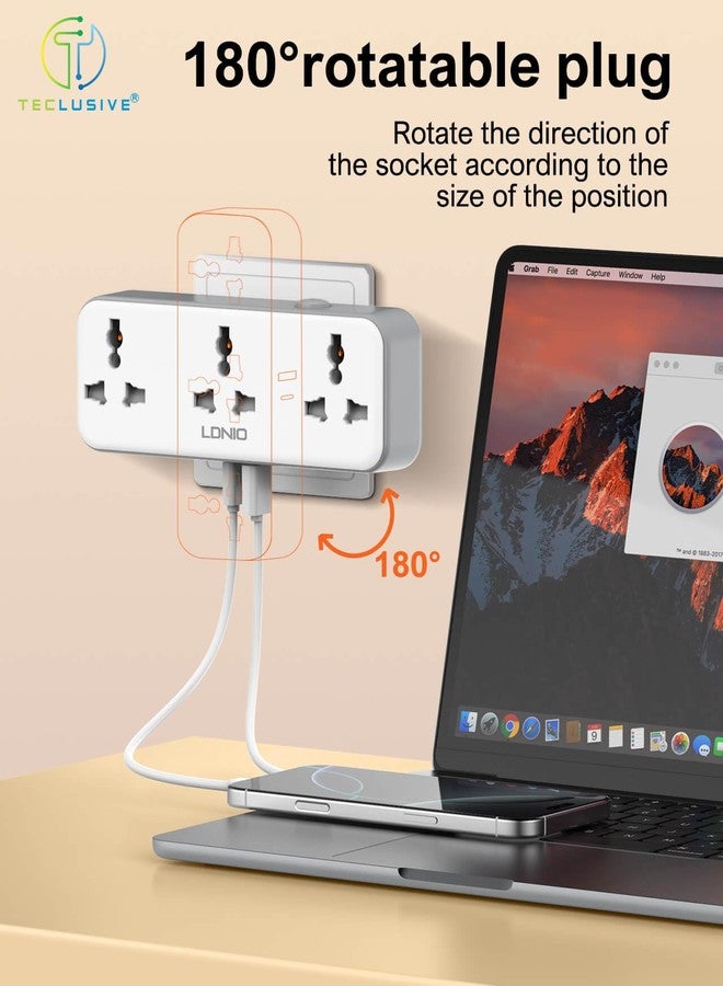 T Teclusive 2500W Rotatable Extension Board Power Strip with USB C Ports | 3 Power Socket with 30W Type C PD QC USB Fast Charging | Rotating Plug Socket Multi Port Extension - Image 2