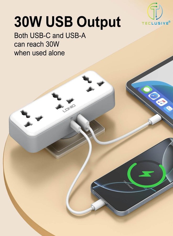 T Teclusive 2500W Rotatable Extension Board Power Strip with USB C Ports | 3 Power Socket with 30W Type C PD QC USB Fast Charging | Rotating Plug Socket Multi Port Extension - Image 3