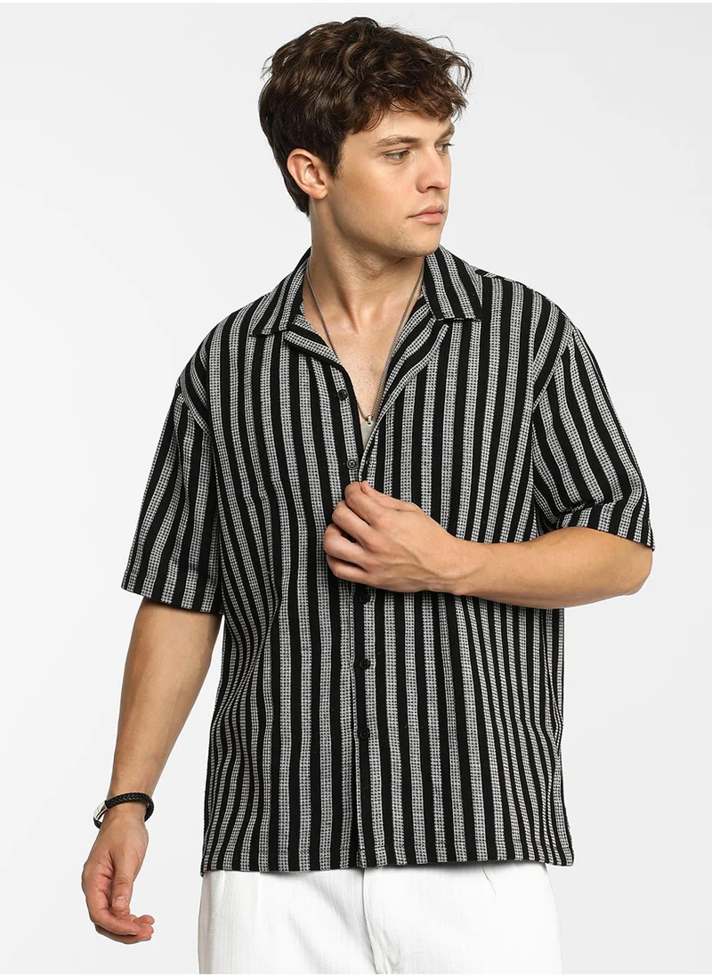 كامبوس سوترا Men's Midnight Black Moon Grey Candy Striped Knit Oversized Shirt