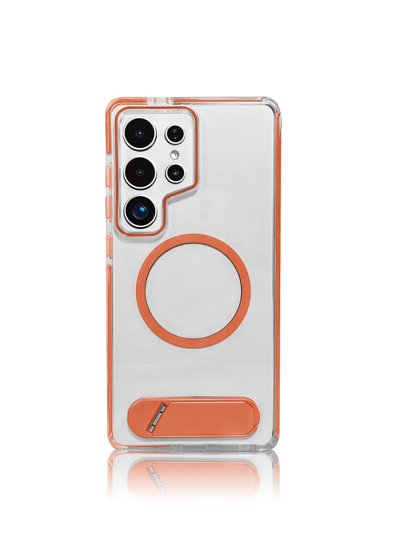 Luxury TPU PC Crystal clear Magnetic Phone case With Holder Stand for Samsung Galaxy S25 Ultra case With Metal Stand - Orange - Image 1