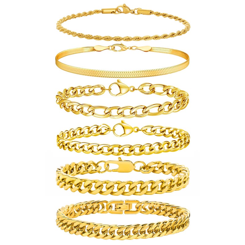 Zocomi Gold Plated Chain Bracelets for Men Boys Stainless Steel Stack Cuban Link Figaro Rope Chains Wrist Band Accessories Metal Mens Bracelet Pack Set Jewelry Gifts Him Male Pulsera Para Hombres 8.3 Inch - Image 1