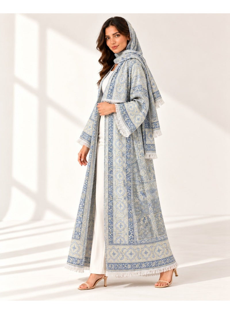KAVALEE Women's Cream Paisley Pashmina Open Abaya with Matching Scarf - Image 5