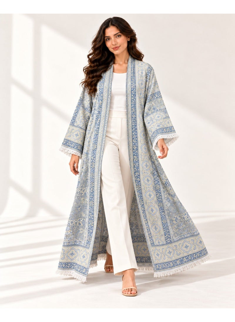 KAVALEE Women's Cream Paisley Pashmina Open Abaya with Matching Scarf - Image 3