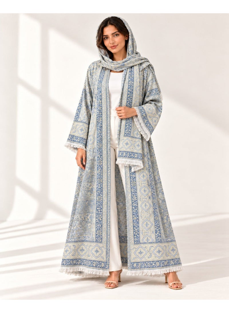 KAVALEE Women's Cream Paisley Pashmina Open Abaya with Matching Scarf - Image 4
