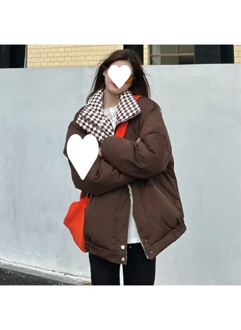 Generic - 2022 Fashion Plaid Puffer Jacket Women Winter Thickened Cotton Coat Brown - Image 1
