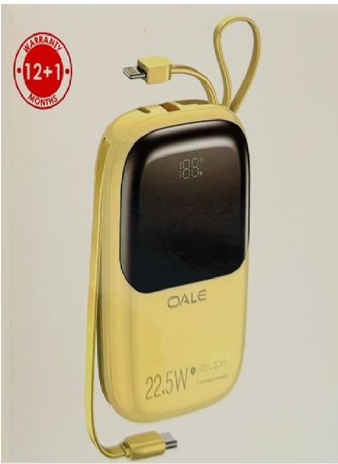 OALE OALE Mini-Size Power Bank 10000mAh, Quick Charge with Type-C & Lightning Cable Yellow  - Image 1
