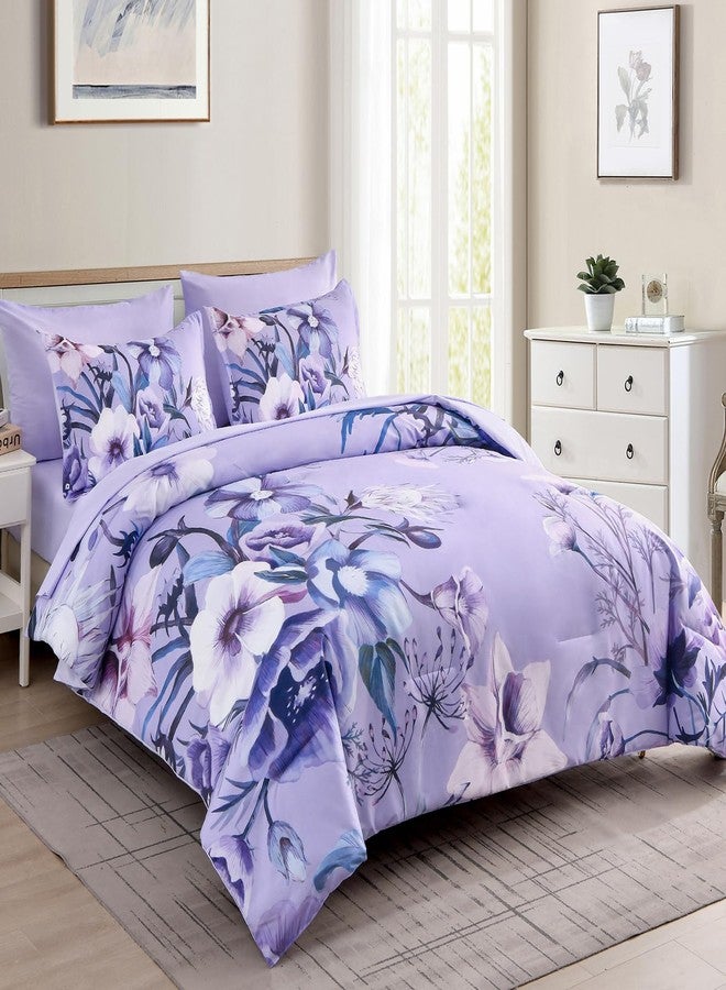Luxudecor طقم لحاف مزهر بنقشة الخزامى، مقاس كوين، 7 قطع، سرير مزهر في حقيبة، لحاف أنيق مزهر مع طقم ملاءات، طقم مفروشات ناعم من الألياف الدقيقة لجميع الفصول (خزامى، 90 بوصة × 90 بوصة) - Image 2