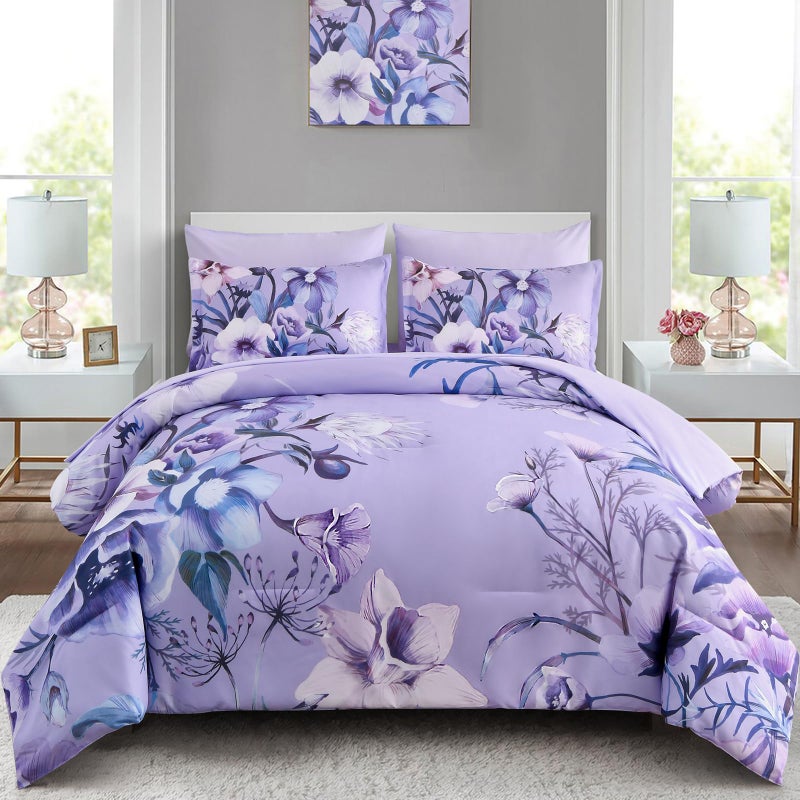Luxudecor طقم لحاف مزهر بنقشة الخزامى، مقاس كوين، 7 قطع، سرير مزهر في حقيبة، لحاف أنيق مزهر مع طقم ملاءات، طقم مفروشات ناعم من الألياف الدقيقة لجميع الفصول (خزامى، 90 بوصة × 90 بوصة) - Image 1