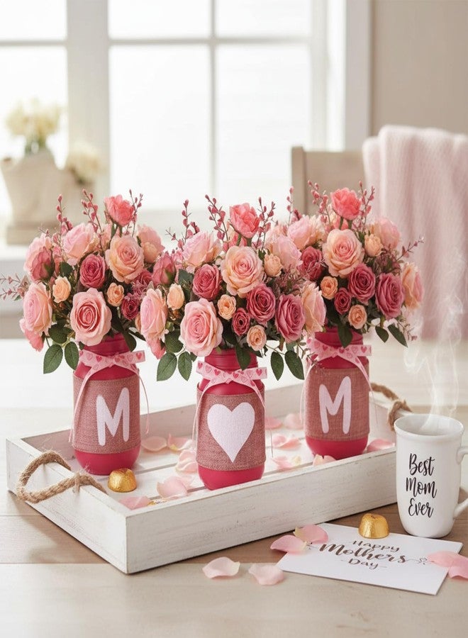 Knitgrip 3 Pcs Mother's Day Table Centerpiece Pink Floral Mason Jar Decorations for Table Topper Mom Rose Tiered Tray Decor with Plant Gift for Mothers Day Women Kitchen Shelf Home Mantel Decor - Image 1